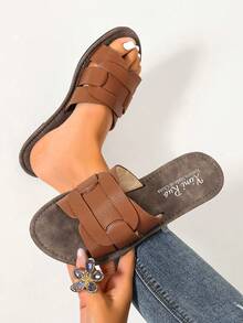 Ximi Ruo Korean Style Casual Flat Slide Sandals For Women, Open Toe Woven Roman Sandals, Spring Summer New Fashion French Style Brown Flat Slippers For Beach, Apartment, Outdoor Wear, Matching With Skirts - Brown - View 2
