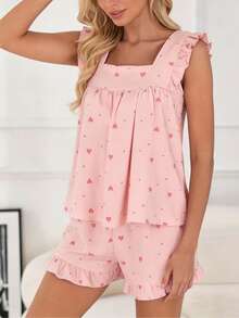 Women's Summer Lounge Set Ruffle Shoulder Strap Tank Tops Drawstring Shorts Sleepwear Sets - Pink - View 4