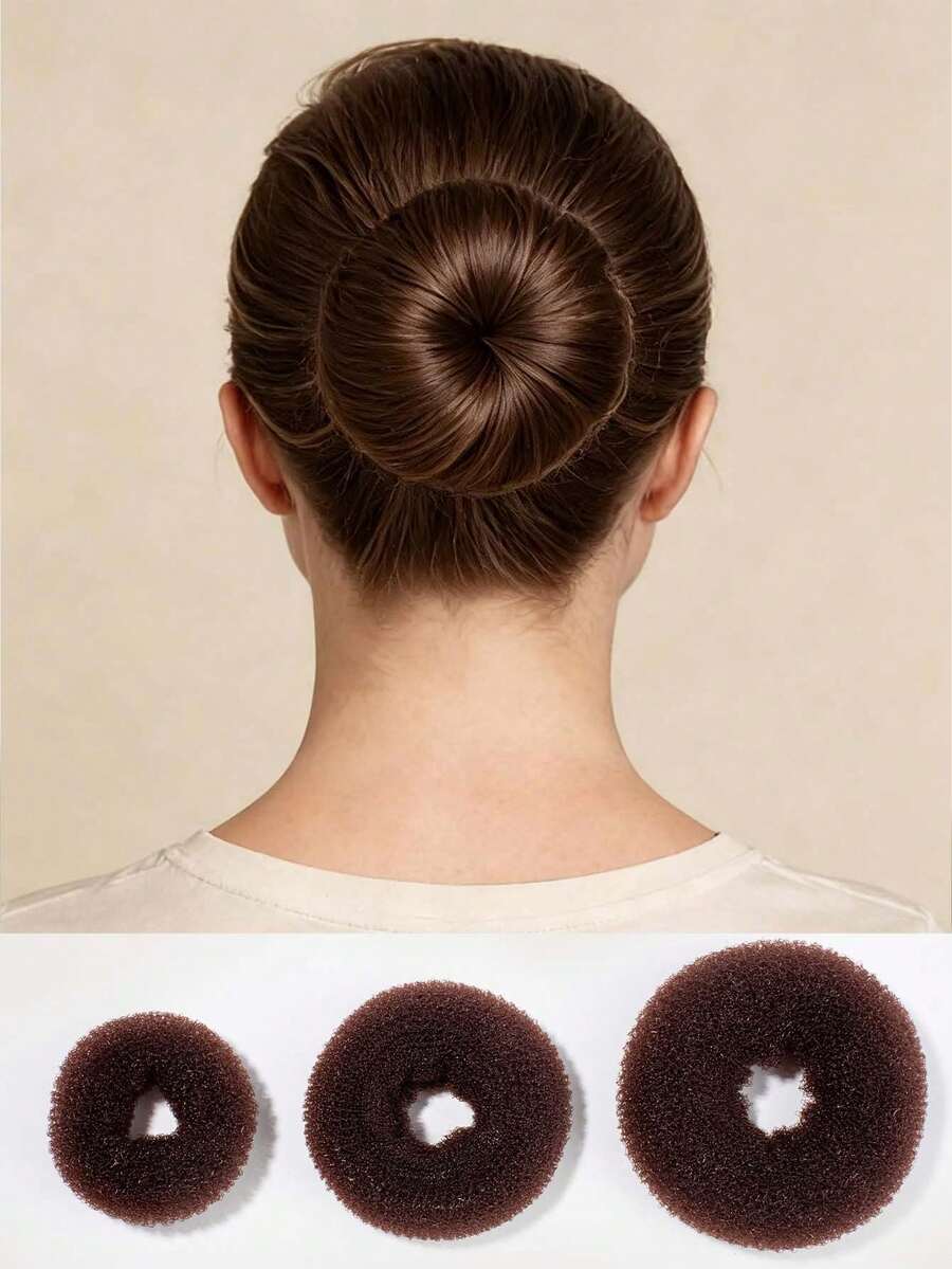 3 pièces Outil de coiffure chignon donut, créateur de chignon élégant, épingle à cheveux, bâton de cheveux - Tabac - Voir 1