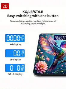 Electronic Digital Bathroom Weight Scale, Colorful Hummingbird Perched On A Branch Surrounded By Flowers, Uses AAA Batteries (Not Included), 1 Pc, Gift For Your Loved Ones And Friends,Tempered Glass Surface,Temperature Detection - A - View 7