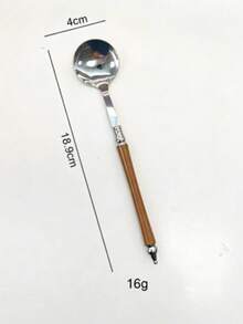 1pc Wood Grain Handle Stainless Steel Round Head Long Handle Spoon, Household Rice Spoon, Soup Spoon, Tea Spoon, Dessert Spoon - View 3