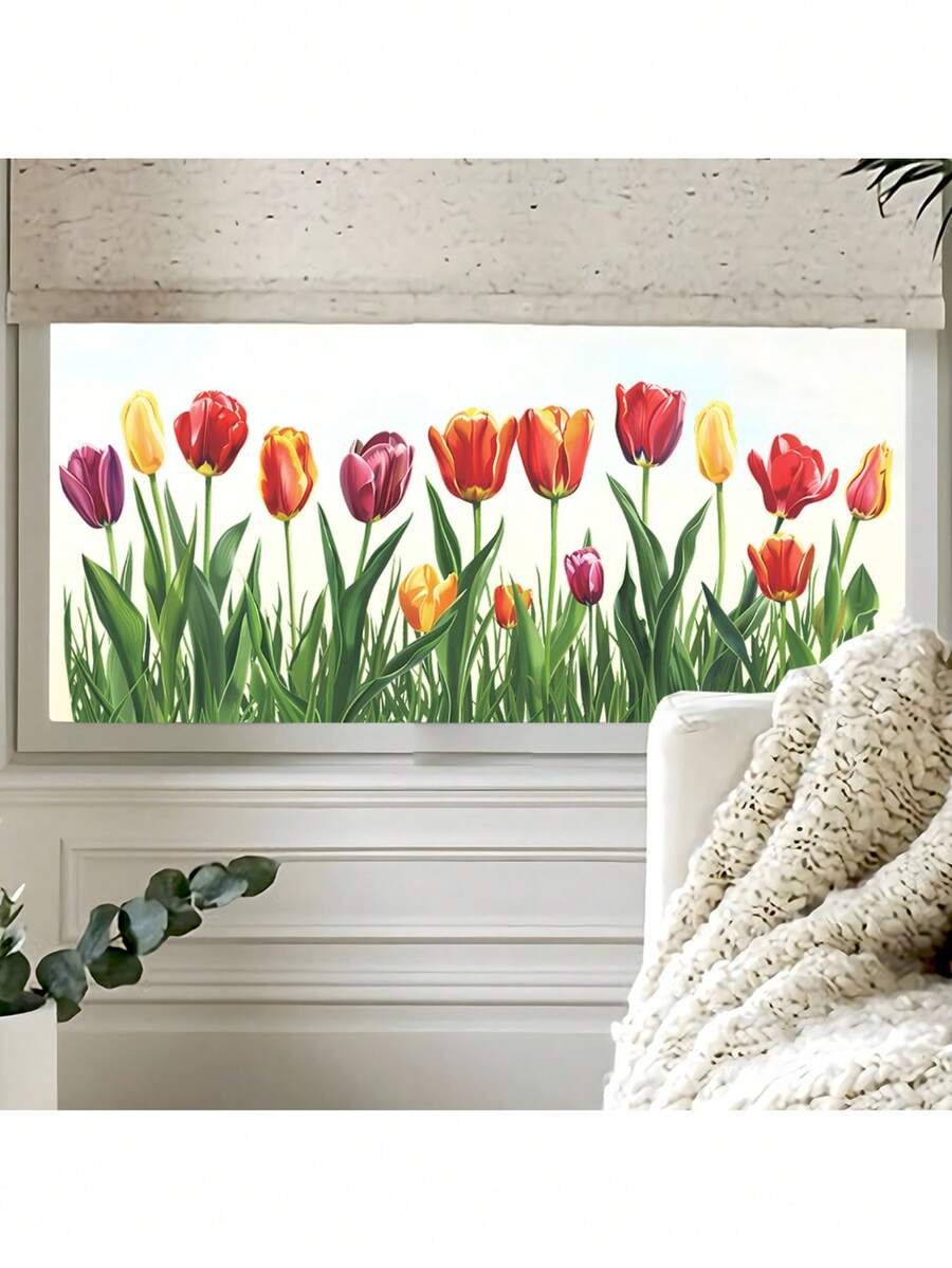 1pc Realistic Colorful Tulip Window Sticker - Spring Floral Greenery Glass Home Decor Static Cling Sticker - Removable Spring Garden Home Glass Sticker, No Glue Needed, No Residue, Spring Floral Theme Home Window Decoration Sticker - Colorful Tulips - View 1