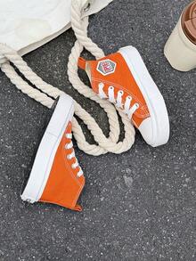 OPOEE 春夏新款繫帶經典高筒兒童帆布鞋,男女童適用,簡約時尚滑板運動鞋 - 橘色 - 查看 4