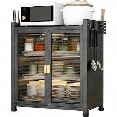 Organizador de Platos, 3 Niveles con Puerta, Trastero Escurridor, Antipolvo e Insectos, con Soporte para Cuchillo y Cubierto y 4 Ganchos, 60 CM(Negra)