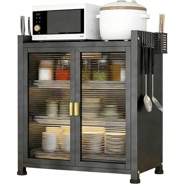 Organizador de Platos, 3 Niveles con Puerta, Trastero Escurridor, Antipolvo e Insectos, con Soporte para Cuchillo y Cubierto y 4 Ganchos, 60 CM(Negra)