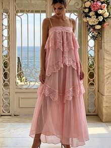 Women's Lace Asymmetrical Elegant Long Ruffle Hem Maxi Dress, Sleeveless Fashion Graduation Prom Party Evening Gown Wedding, For Her Fall - Baby Pink - View 6
