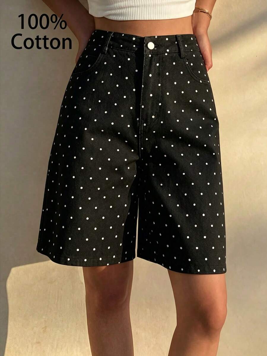 100% Cotton Polka Dot High Waist Wide Leg Shorts For Women Summer Casual Comfy Denim Shorts With Pockets Vacation - Black - View 1
