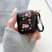 [Diseño Dividido]Funda Protectora con Patrón de Flor de Cerezo/Floral Compatible con Auriculares Bluetooth Originales de Apple 1/2/Pro/3ra/4ta Generación Carcasa Suave de TPU Anti-Caída - Negro - Ver 9