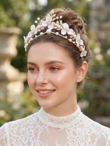 1pc Handmade Twisted Metal Leaf Pearl White Flower Headband With Rhinestone Accents, Versatile Hair Accessory For Wedding, Party, Dress, Atmospheric - Multicolor - View 4