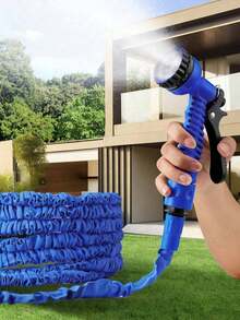Blue Expandable Flexible Water Hose With 7 Adjustable Spray Nozzles, Expandable Length 7.5-60m (Approx. 25ft-200ft), Suitable For Car Washing, Lawn Watering, Plant Care And Pet Bathing, Can Be Used All Year Round, Composed Of Hose And Connectors - Blue - View 2