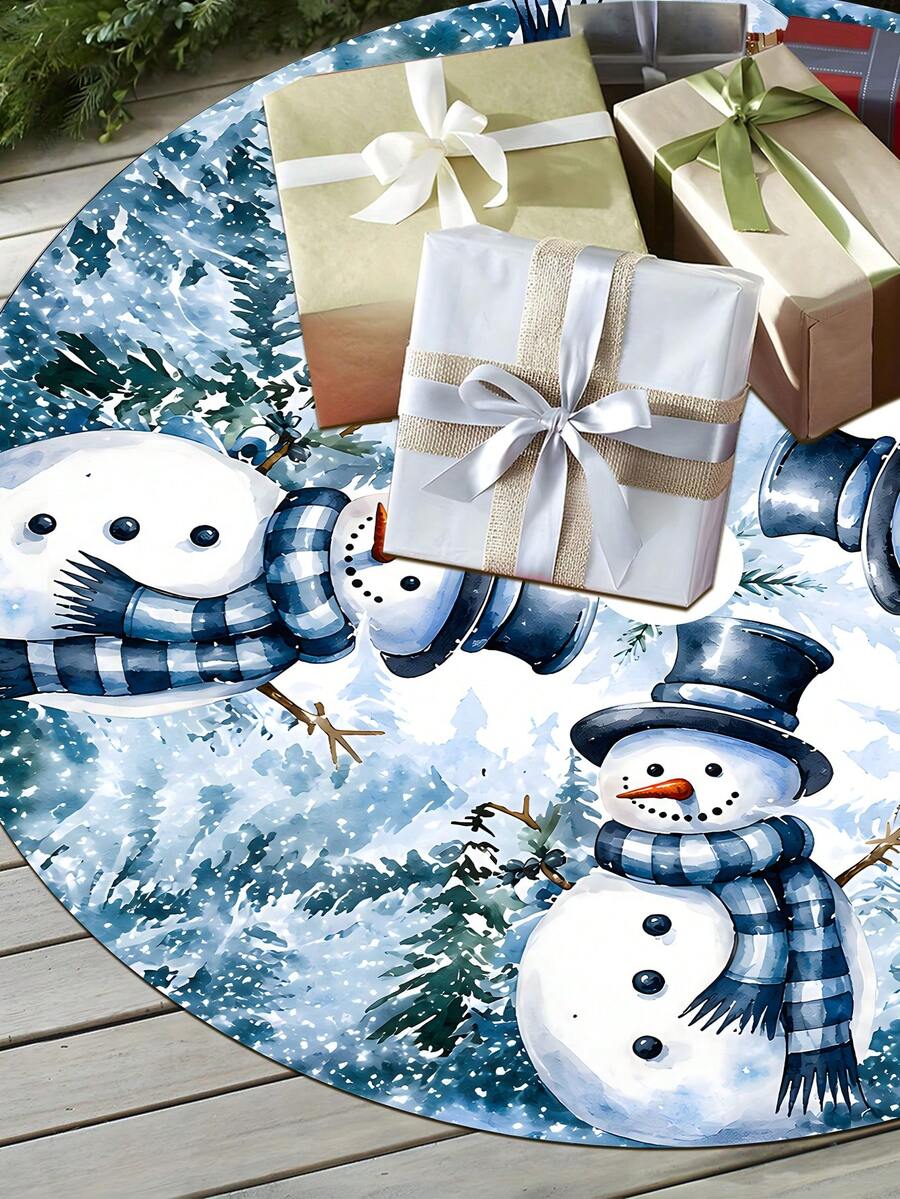1/100Pcs Christmas Theme Christmas Tree Skirt, Printed With Blue Plaid Scarf Snowman Snow Forest Pattern, Round Base, Diameter 60/90CM Optional; Suitable For Winter Party And Home Holiday Decoration, Ideal Christmas Tree Decoration. - Multicolor - View 1