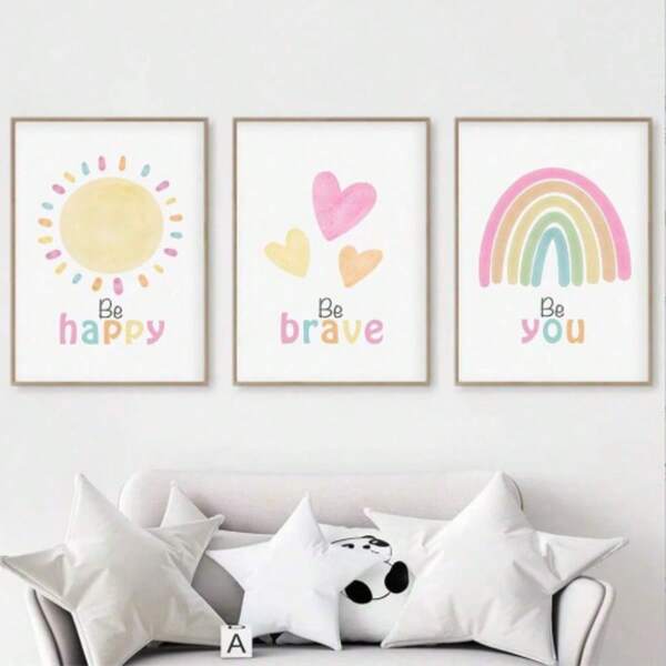 3 Pcs Be Happy Be Brave Be You Poster Positive Quotes Mental Canvas Painting Cute Sun Rainbow Wall Art Prints Nursery Decor Gifts Birthday Graduation