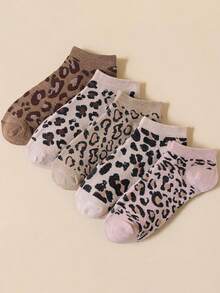 5 Pares de Meias Femininas Novas de Verão Finas Estilo Coreano Retrô com Estampa de Leopardo Respiráveis Casuais Versáteis de Cano Baixo - Multicolorido - Visão 5