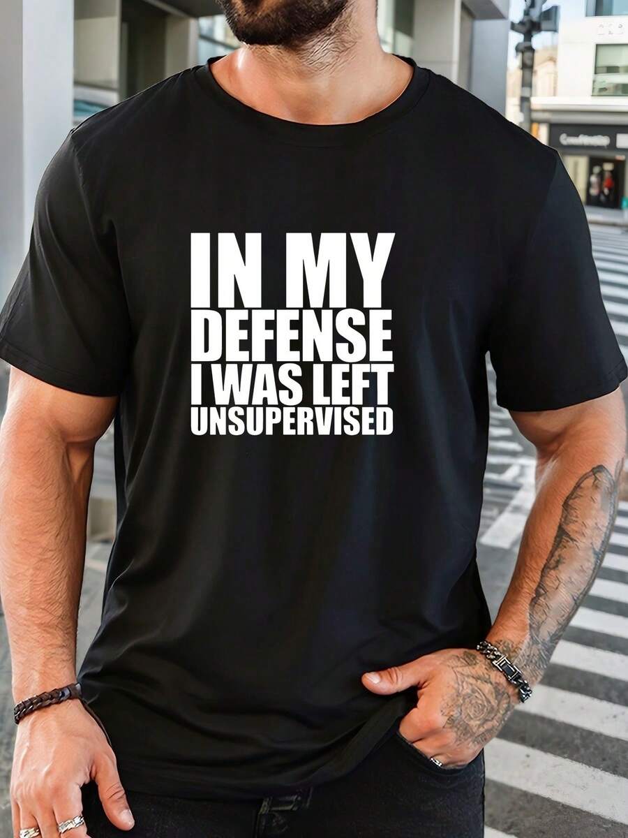 Men's Funny Saying T-Shirt - "In My Defense I Was Left Unsupervised" Bold White Text - Lightweight 180gsm Cotton Tee For Parties, Casual Attire - Mach - Black - View 1