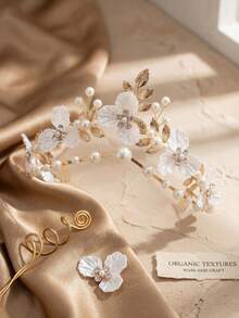 1pc Handmade Twisted Metal Leaf Pearl White Flower Headband With Rhinestone Accents, Versatile Hair Accessory For Wedding, Party, Dress, Atmospheric - Multicolor - View 7