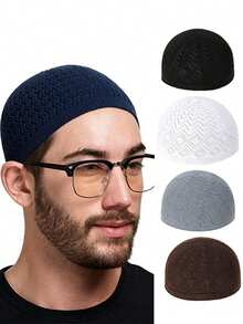 Men's Breathable Knitted Ramadan Kufi Cap, Black And White Geometric Pattern, Traditional Middle Eastern Headwear, Suitable For Ramadan And Cultural Celebrations - Multicolor - View 2