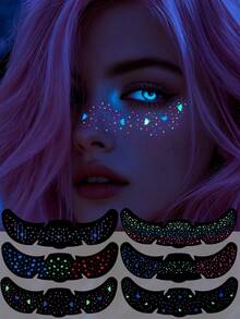 6 Folhas de Tatuagens Temporárias que Brilham no Escuro com Glitter, Adesivos de Tatuagem Facial de Sardas, Tatuagens de Luz Negra para Decorações de Festa Neon, Maquiagem de Cosplay, Fantasia de Halloween, Acessórios de Rave, Lembrancinhas de Festival - Multicolorido - Visão 1