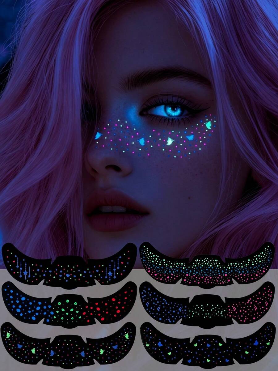 6 Folhas de Tatuagens Temporárias que Brilham no Escuro com Glitter, Adesivos de Tatuagem Facial de Sardas, Tatuagens de Luz Negra para Decorações de Festa Neon, Maquiagem de Cosplay, Fantasia de Halloween, Acessórios de Rave, Lembrancinhas de Festival - Multicolorido - Visão 1