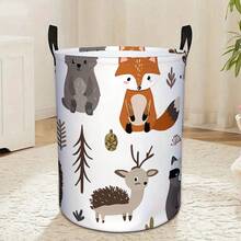 1 Stück süßer runder Wäschekorb mit Waldtiermotiv, faltbarer Aufbewahrungskorb mit Griffen, mit Fuchs-, Bär-, Hirsch-, Waschbär- und Igelmustern, perfekt zum Aufbewahren von Kleidung im Schlafzimmer. - Verschiedenfarbig - Übersicht 7
