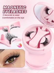 MAANGE 1 Pair Magnetic Eyelashes (Round Box With Applicator), Cat Eye Style, Natural & Thin, Reusable, Portable, No Glue Needed, No Makeup Remover Needed, Comfortable All-Day Wear. Suitable For Women's Travel, Party, Work, Pink Women's Gift, False Eyelashes, Eyelashes - Black - View 3
