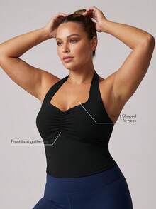 Sodalemon Women's Plus Size Summer Yoga Fitness Tank Top, Ruched Bust Spaghetti Strap Sports Casual Vest With Removable Liner - Black - View 2