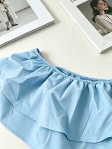 1pc Solid Color Ruffled/Flounce Knot Multi-Layer Cake Off-Shoulder Jumpsuit For School Back-To-School Party Stage And Concert All Seasons Summer - Light Wash - View 4