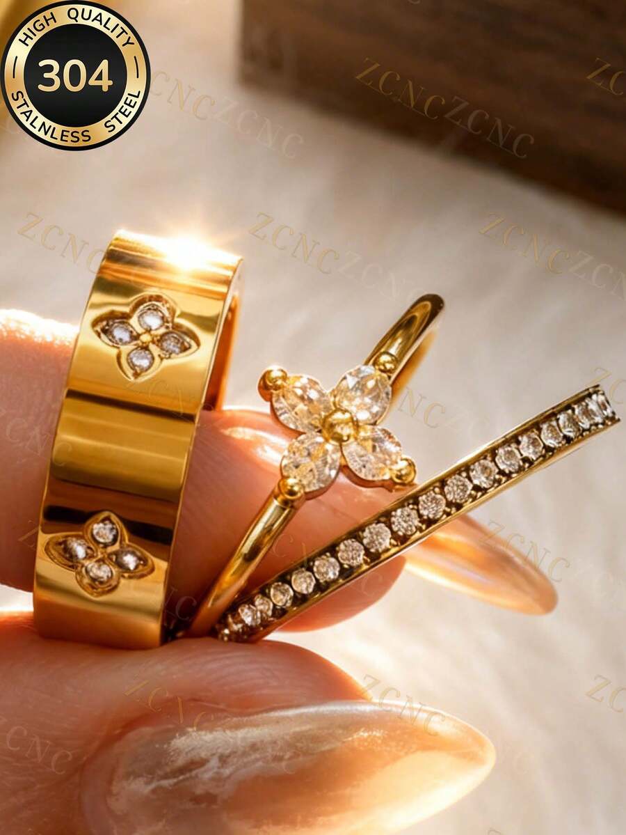 ZCNC Znice 2026 New 304 Stainless Steel 18K Gold Plated Stackable Ring Set, Women's Style, 3pcs Clover And Full Diamond Personalized Rings, Hypoallergenic Minimalist Jewelry, Perfect Mother's Day Gift, Summer Vacation Accessory