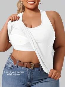 Plus Size Women's Ribbed Built-In Bra Sports Tank Top, Racerback Scoop Neck Sleeveless Stretch Yoga Workout Vest For Gym Running Casual Daily Wear - 黑色 - 查看 1