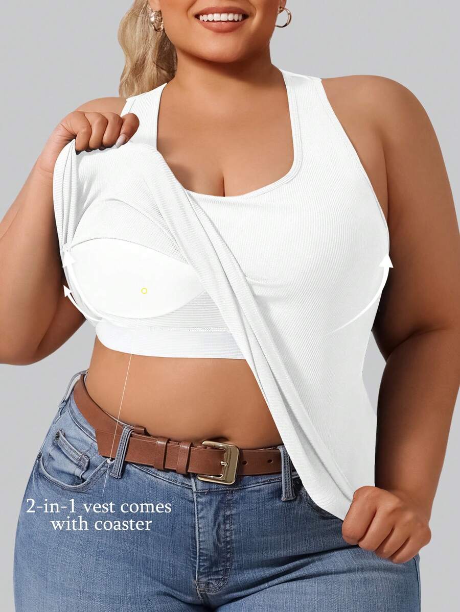 Plus Size Women's Ribbed Built-In Bra Sports Tank Top, Racerback Scoop Neck Sleeveless Stretch Yoga Workout Vest For Gym Running Casual Daily Wear - 黑色 - 查看 1