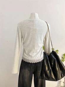 Women's Autumn/Winter Lace Patchwork Long Sleeve T-Shirt, Versatile Slim Fit Solid Color Inner Layer Base Shirt, Casual Style - Gray - View 2