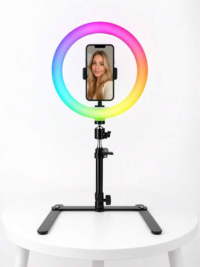 Anillo de luz RGB de 10" con brazo extensible y soporte, luz anular LED regulable para toma aérea, 3 modos + color RGB, ajuste de brillo del 10%-100%, transmisión en vivo, videoconferencia, fotografía y grabación de vlogs, alimentado por USB