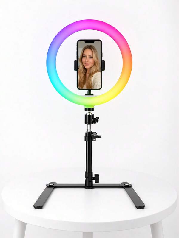 10" RGB Ring Light With Boom Arm & Stand, Dimmable LED Ring Light For Overhead Shooting, 3 Modes + RGB Color, 10%-100% Brightness Adjustment, Live Streaming, Video Conference, Photography & Vlog Recording,USB Powered