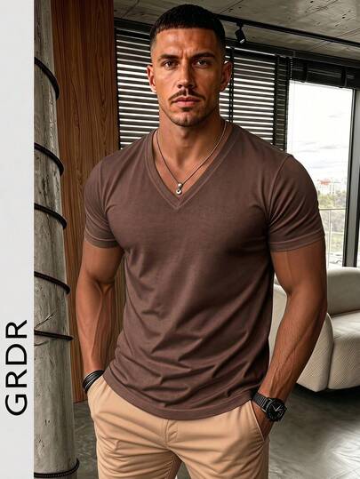 GRDR Men's Fashionable V-Neck Short Sleeve T-Shirt | Exquisite Design | Summer Essential | Easy To Match | Showcase Your Style