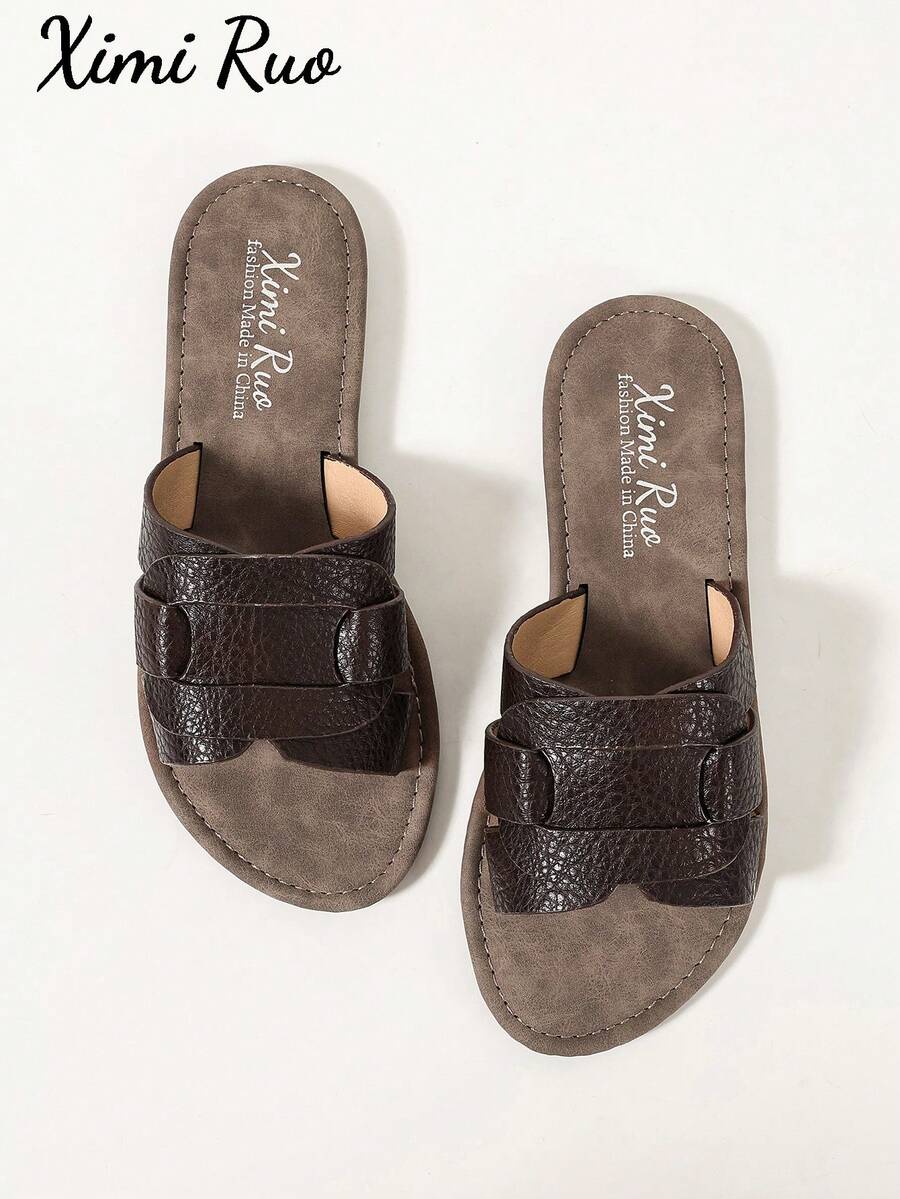 Ximi Ruo Korean Style Casual Flat Slide Sandals For Women, Summer Open Toe Woven Roman Sandals, Spring/Summer New Fashion French Style Women's Shoes To Match Skirts For Outdoor, Beach, Apartment, Brown Flat Sandals - Coffee Brown - View 1