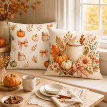 2pcs Cozy Fall Drink & Pumpkin Pillow Covers, Gingham Bow Autumn Cushion Covers For Sofa Bedroom(Pillow Inserts Not Included) - Multicolor - View 4