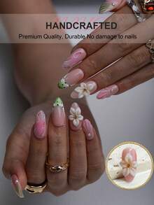 10pcs Handmade Medium Almond Shape Press-On Nails Set, Acrylic Nail Tips With French Floral Design And Y2K Gradient Style (Nude Pink To Matcha Green), Classic Fake Nails For Nail Salon, Daily Wear, Holiday Party And Gift, Women's Nail Accessories - Multicolor - View 3