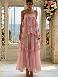 Women's Lace Asymmetrical Elegant Long Ruffle Hem Maxi Dress, Sleeveless Fashion Graduation Prom Party Evening Gown Wedding, For Her Fall - Baby Pink - View 11
