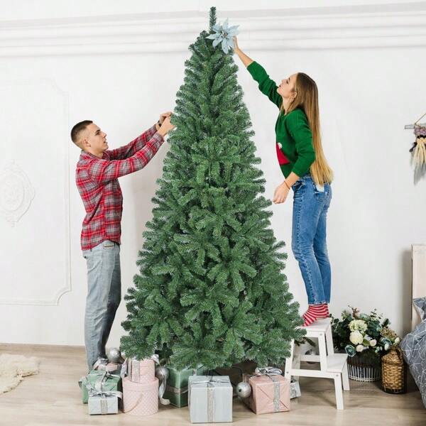 [Free Shipping] 8FT Artificial Christmas Tree With 1136 PVC Tips, Hinged Structure & Metal Stand – Full Green Holiday Tree For Office, Apartment, Or Party Decoration-XY989412