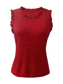 Sexy Slim Fit Camisole, Round Neck Ruffle Trim Sleeveless Design, Ribbed Stretchy Fabric, Slimming & Flattering, Versatile Spring/Summer Layering Top, Pair With Jeans For Chic Look - Red - View 6