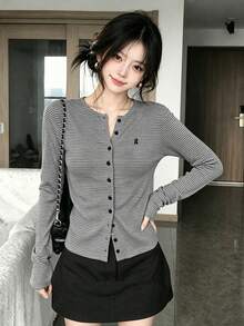 Women's Striped Casual Versatile Daily Outing Long Sleeve Cardigan Fall - Grey - View 4