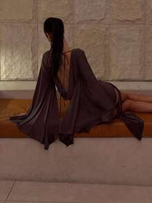 Women's Solid Color Pleated Batwing Sleeve Long Sleeve Side Tie Pleated Romper, Formal Cocktail Mini Dress - Brown - View 7