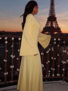 Women's Solid Color Elegant Knit V-Neck Batwing Sleeve Long Sleeve Fitted Maxi Dress, Suitable For Autumn Party - Yellow - View 4
