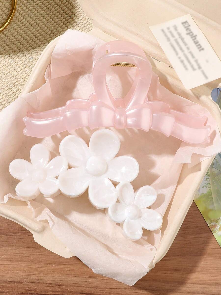 2件裝糖果粉與白色大理石花卉拼接大蝴蝶結珍珠光澤髮夾,極簡百搭髮夾,適用於披肩髮、馬尾、盤髮、半紮髮,波希米亞風海灘度假旅行髮飾 - 彩色 - 查看 1