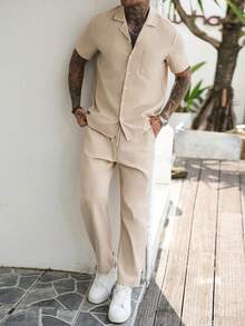Men's Solid Color Short Sleeve Single-Breasted Casual Shirt And Pants Set - Apricot - View 6