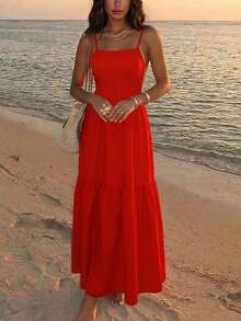 Women's Lightweight Breathable Spaghetti Strap Sleeveless Solid Color Bohemian Style Backless Ruffle Hem Dress, Perfect For Vacation, Casual Wear And Travel - Red - View 3