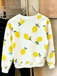 Tween Girl Lemon Print Crew Neck Long Sleeve Sweatshirt - White - View 2