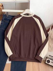 1pc Girls' College Style Colorblock Crew Neck Sweatshirt, Spring/Autumn Letter Print Long Sleeve Top - Brown - View 4