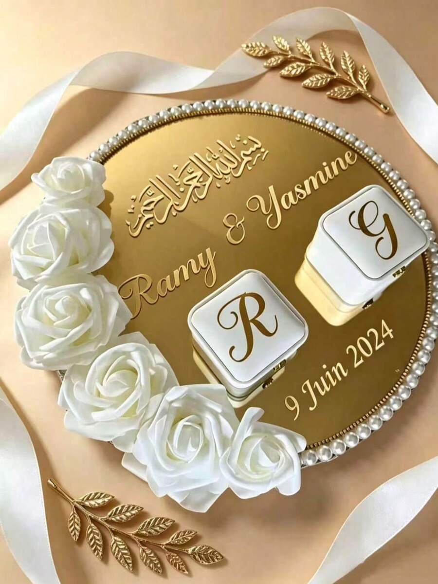 1/2pcs Gold Acrylic Round Mirror Tray With 50/100pcs Faux Pearl DIY Decor Accessories, Suitable For Jewelry Display, Wedding, Birthday Party And Various Decorative Scenes - View 1