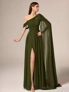 VIPGIRL 優雅奢華女款雪紡長版正式禮服，不對稱領口與百褶下擺設計 - 綠色 - 查看 6