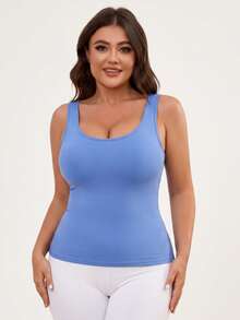 Plus Size Women's Built-In Bra Tank Top Scoop Neck Sleeveless Base Layer Cami For Fall Back To School Workout Daily Commute - Blue - View 6